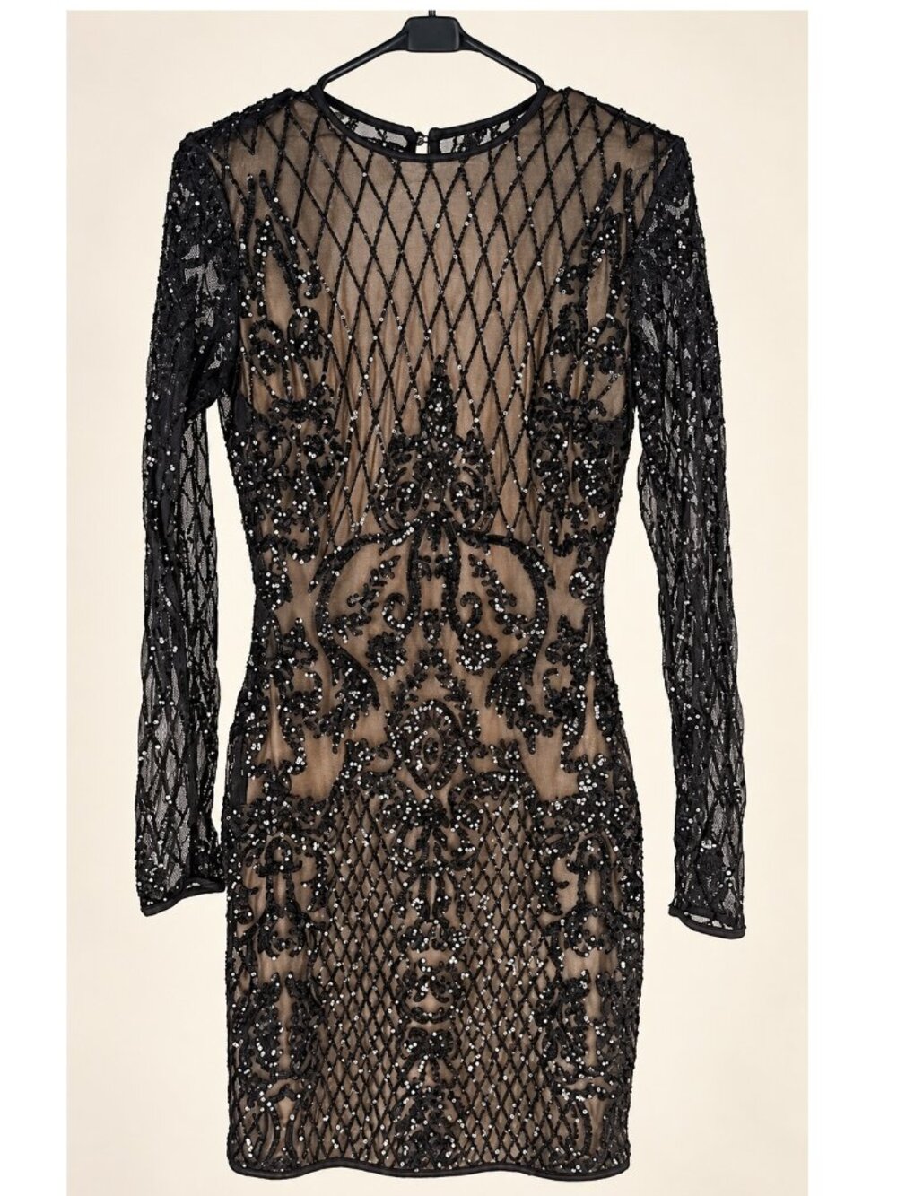 Windsor Black Nude Sequin Long Sleeve Keyhole Back Mini Dress L